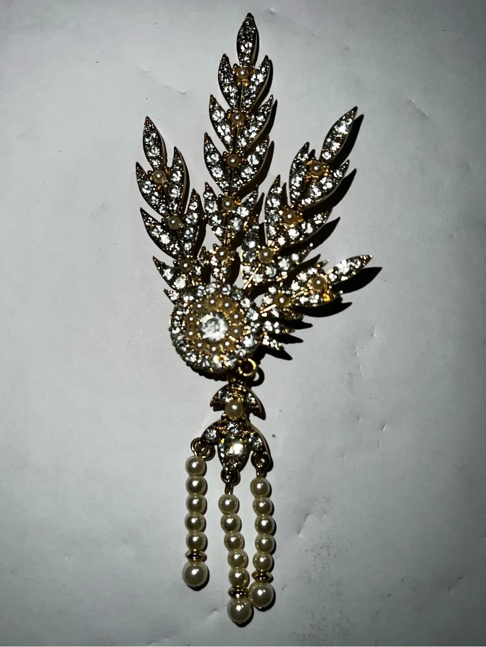 Gold-Tone Pearl & Crystal Feather Statement Brooch